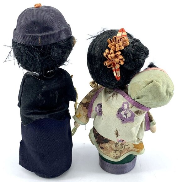 Asian Hand Made Folk Art Doll Family Wood Silk Cloth 6" Lot of 2 Vintage - Picture 7 of 11